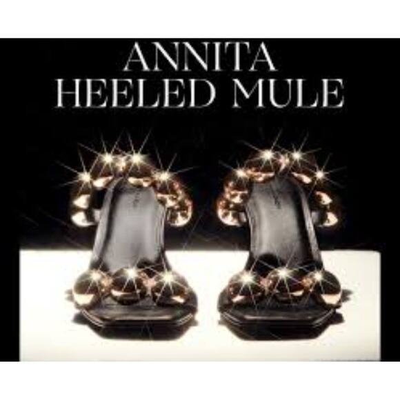 Rebecca Minkoff Annita Gold Studded Black Leather Slip-On Heels sz 8 - Picture 2 of 7